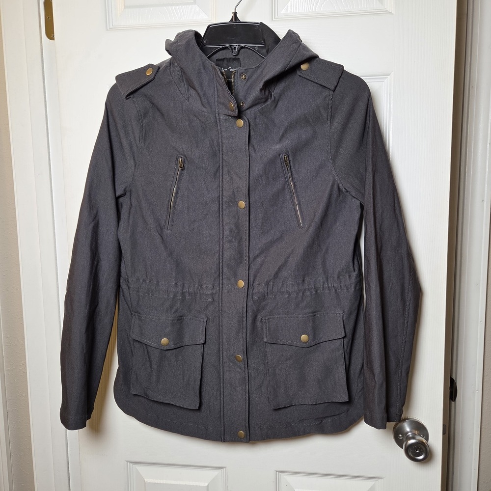 Eden Society sz L Holly contrast hooded cargo zip up jacket gray stretch casual